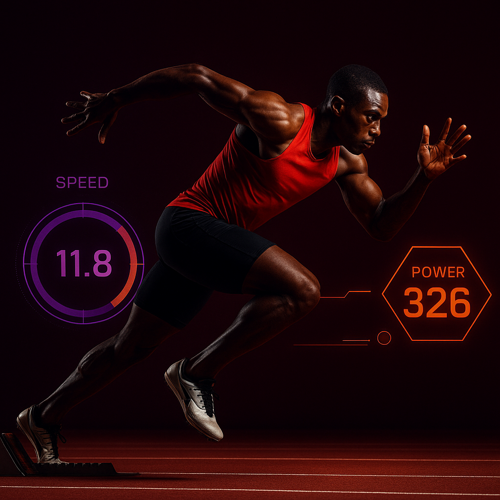 Athlete sprinting with dynamic HUD overlay